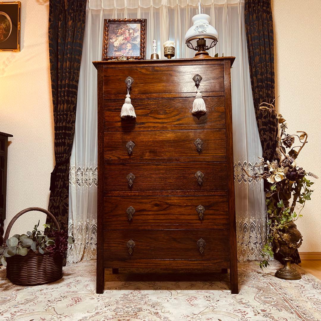 イギリスアンティーク　オーク材　ハイチェスト　6段キャビネット　英国家具