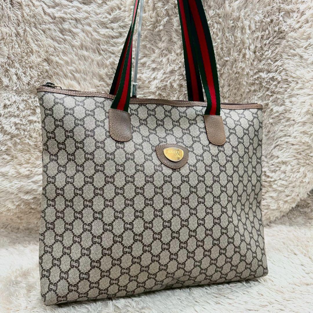 【美品】グッチ トートバッグ シェリーライン GGプラス ベージュ