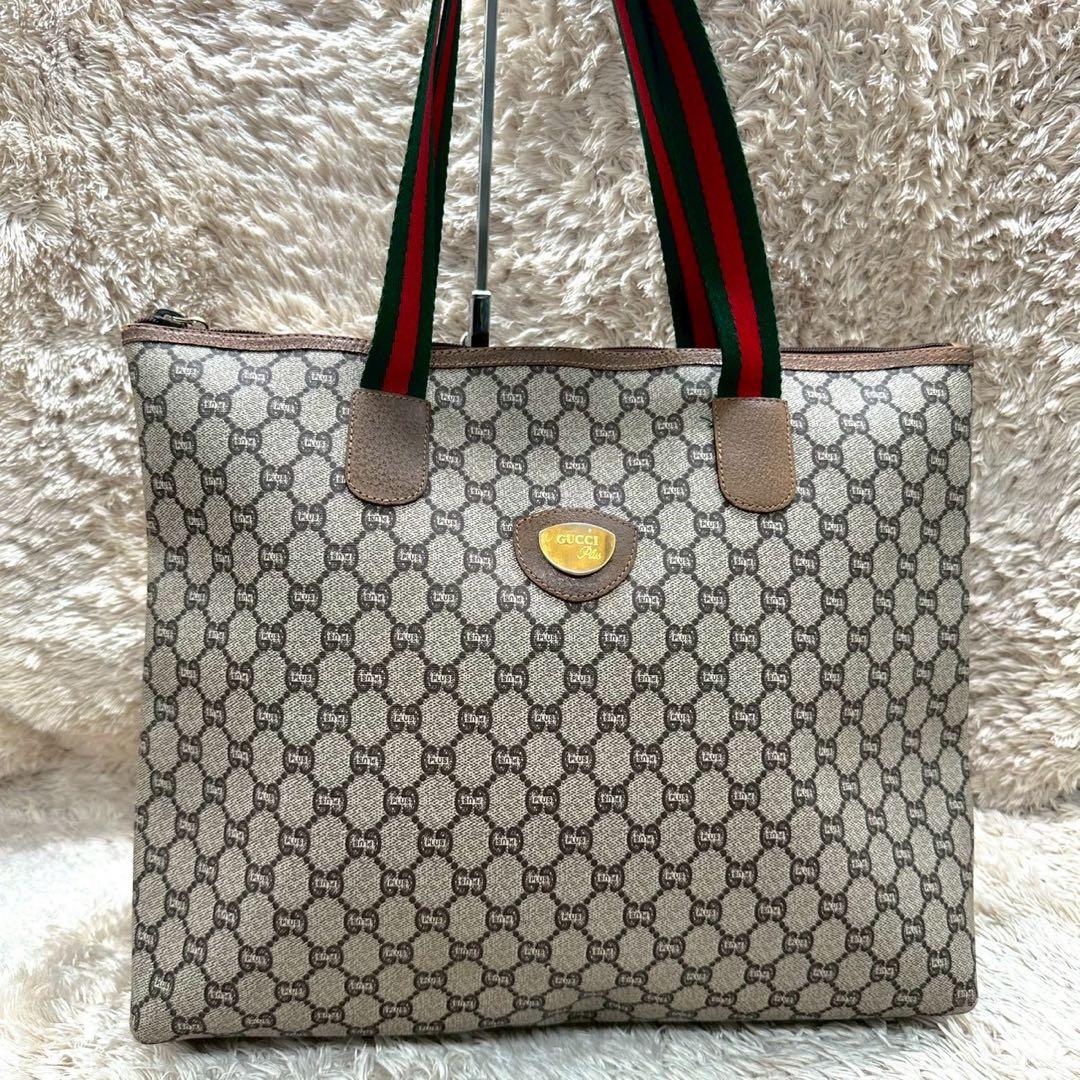 【美品】グッチ トートバッグ シェリーライン GGプラス ベージュ