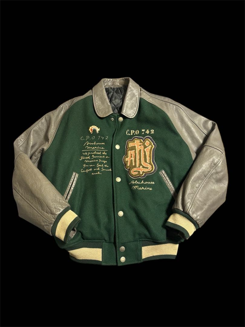 ～90 ビッグワッペン　アンカーロゴ　袖レザー切替　スタジャン　FREE ウール