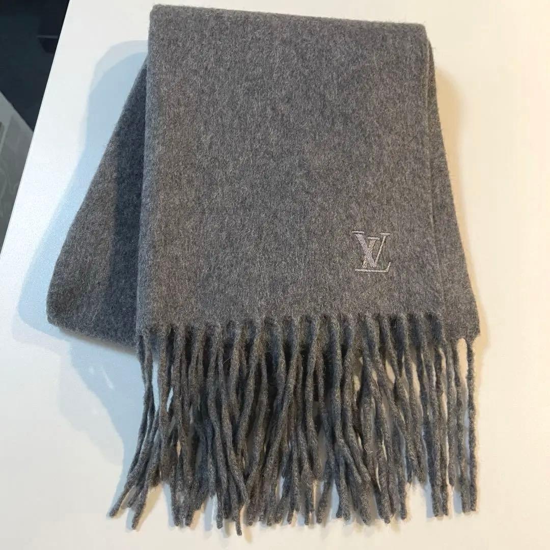LOUIS VUITTON カシミヤ マフラー グレー フリンジ付き