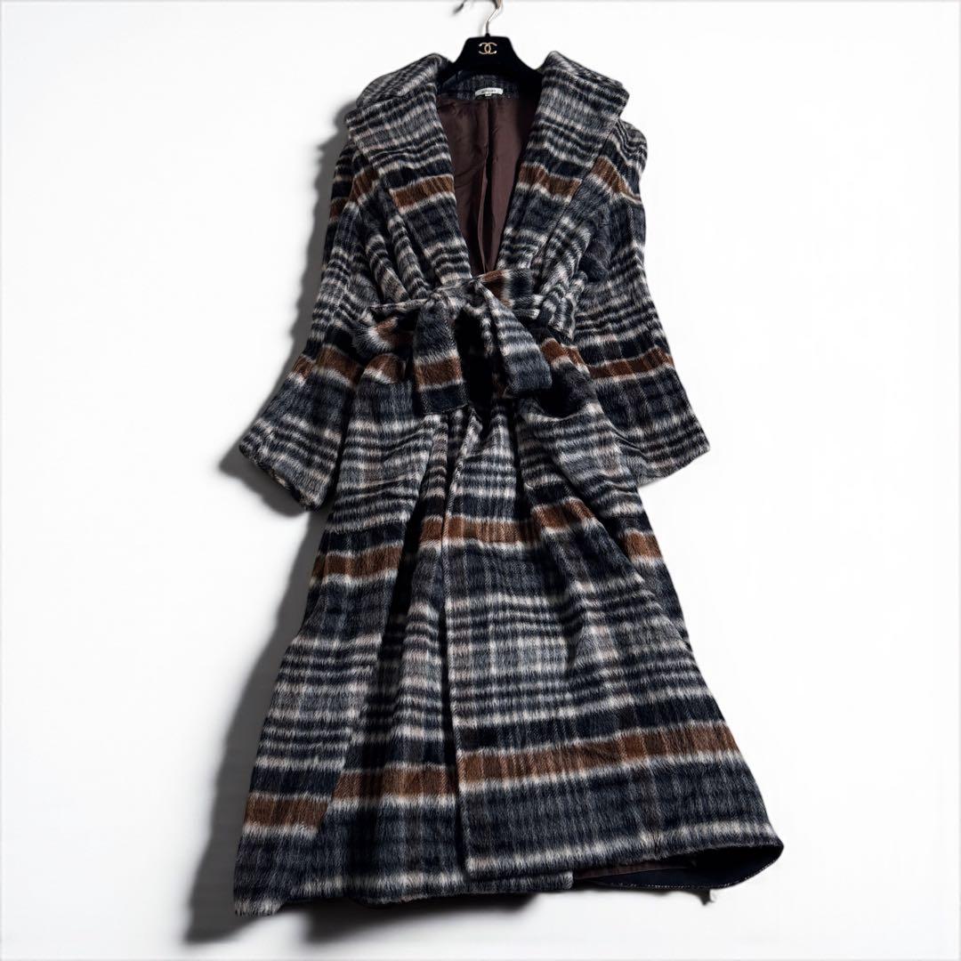 極美品 ブラミンク BLAMINK アルパカシャギー チェックロングコート38