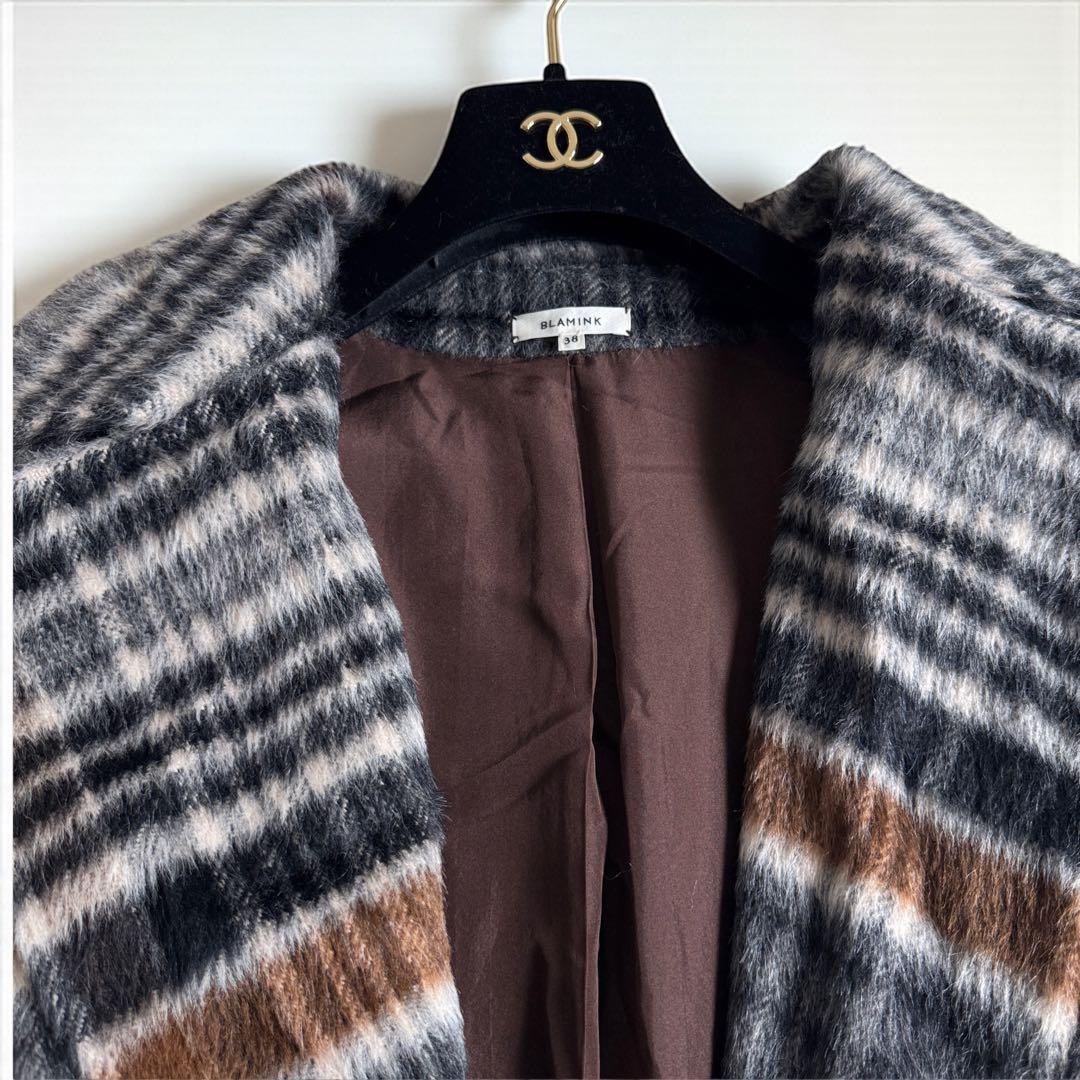 極美品 ブラミンク BLAMINK アルパカシャギー チェックロングコート38