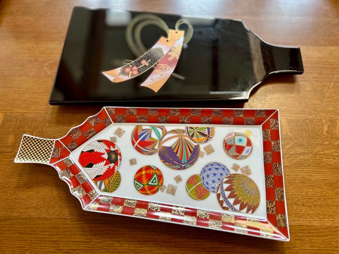 美品 美濃焼 羽子板皿&塗り皿(1セット限り)＊今なら箸置き&取り箸2膳付き