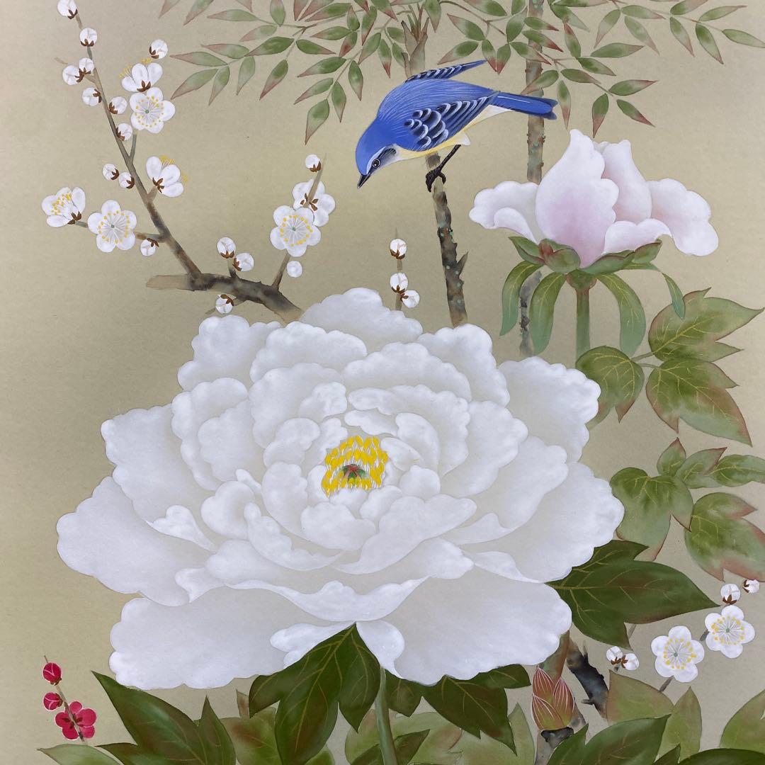 美品 掛け軸 大野橙月作 四季草花図 共箱 太巻き付 花鳥 南天 牡丹 縁起物