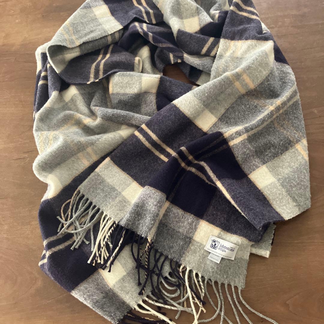 ジョンストンズ大判カシミアストール　シルバーバンノックベーン