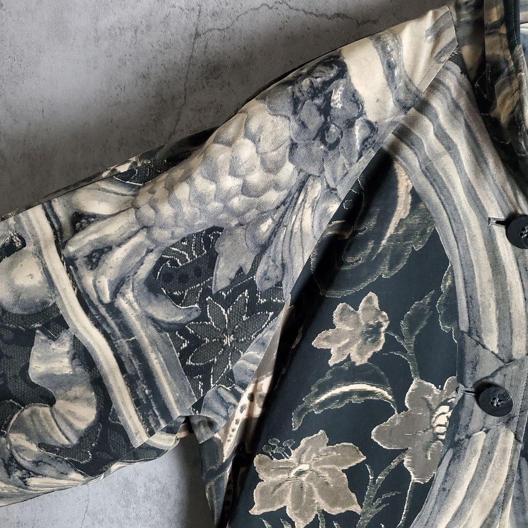 【ヴィンテージ】古着 スタンドカラーコート 総柄 花柄 黒 グレー レトロ