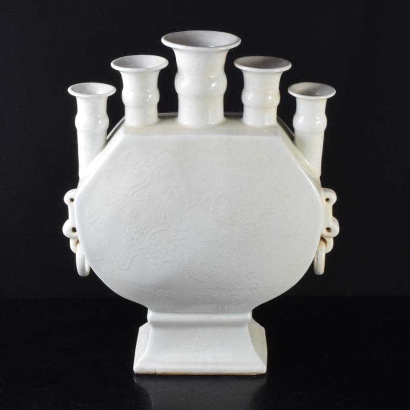 中国　大明宣徳年製　白磁　遊環　雲龍鳳凰文瓶　多口瓶　M　7311A