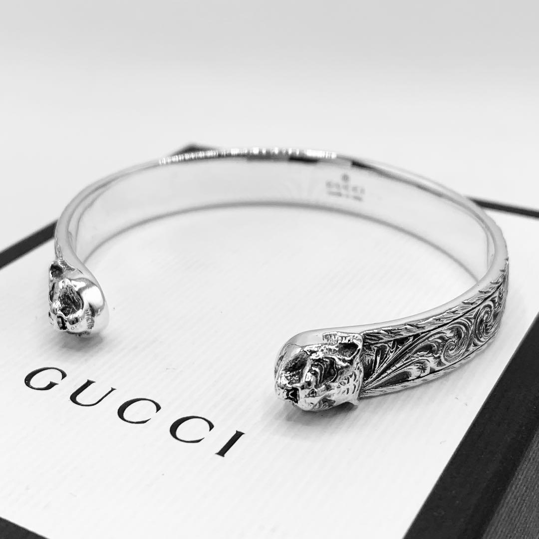【美品/希少】GUCCI バングル　キャット　タイガー　ヘッド　アラベスク　燻