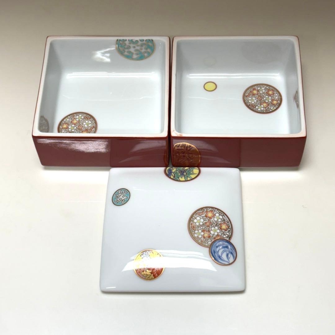 深川製磁　寿赤絵 角小二段重　宮内庁御用達　美品