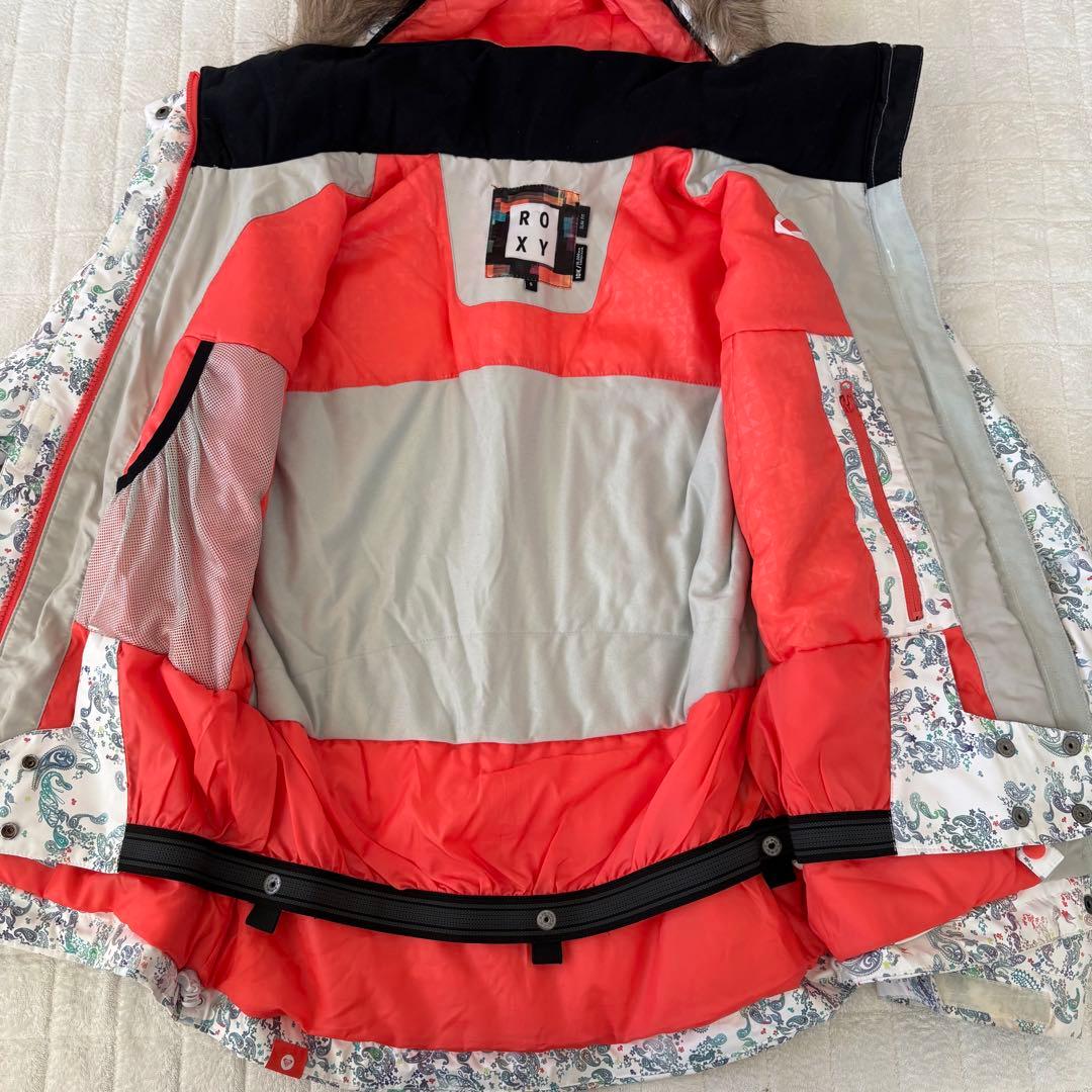 ROXY スノーボードウェア 上S 下9白系ペイズリー柄ジャケット×ピンクパンツ