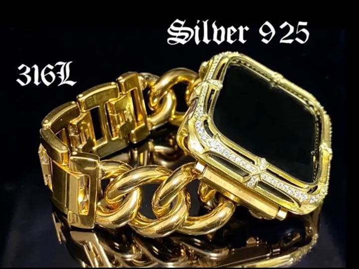 アップルウォッチ用カスタムベゼルダイヤカバーベルトセット　シルバー925刻印あり