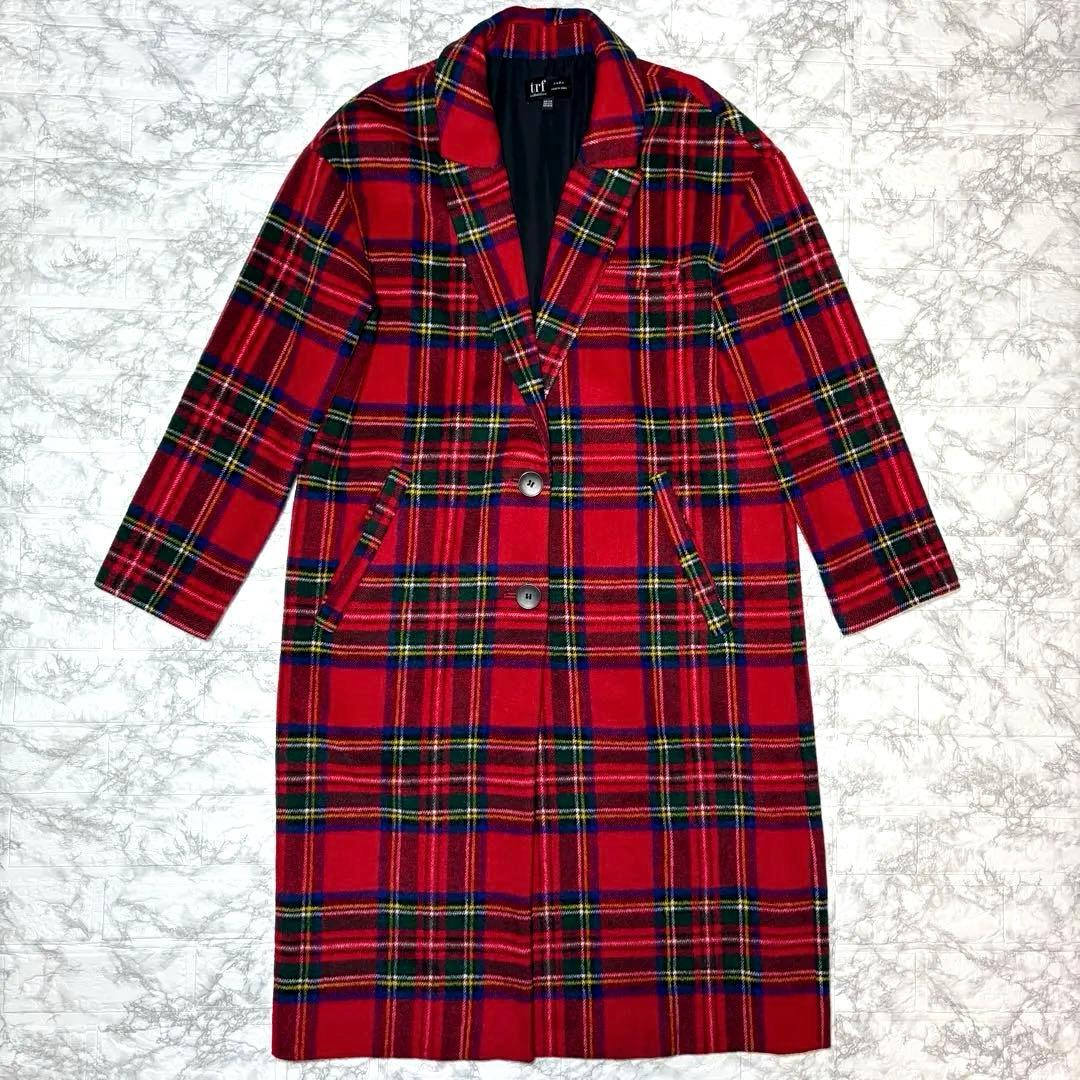 ZARA TRF タータンチェック柄 ロングコート　　チェスターコートS〜M赤