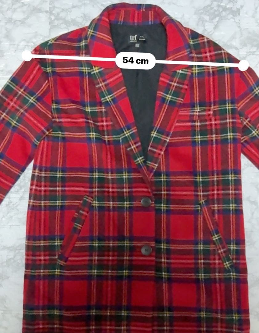 ZARA TRF タータンチェック柄 ロングコート　　チェスターコートS〜M赤