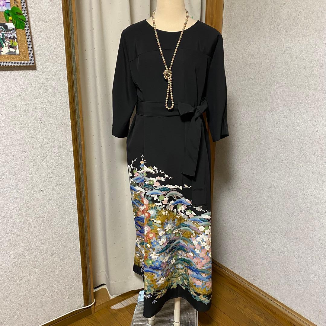 《LL 118cm》黒留袖リメイク 京友禅 七分袖ワンピース