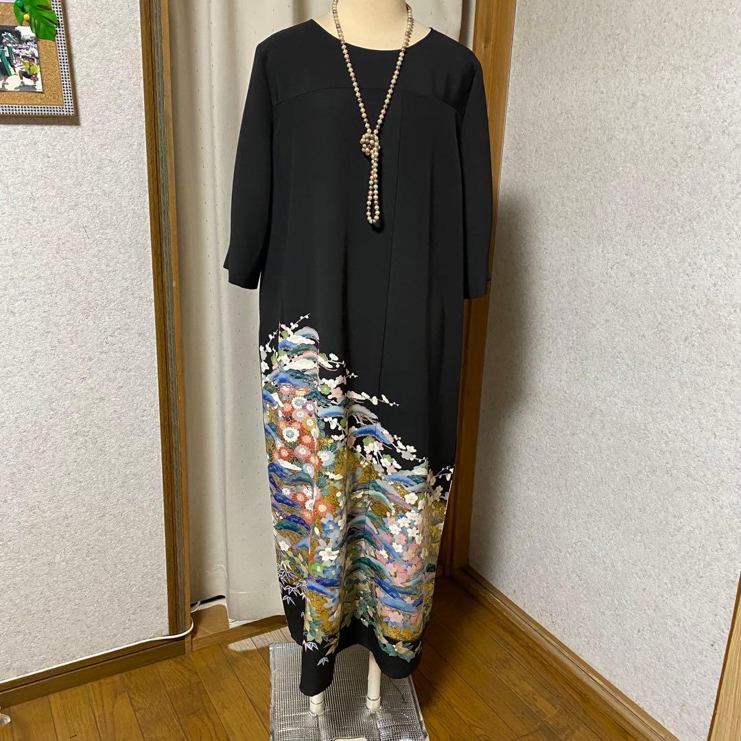 《LL 118cm》黒留袖リメイク 京友禅 七分袖ワンピース