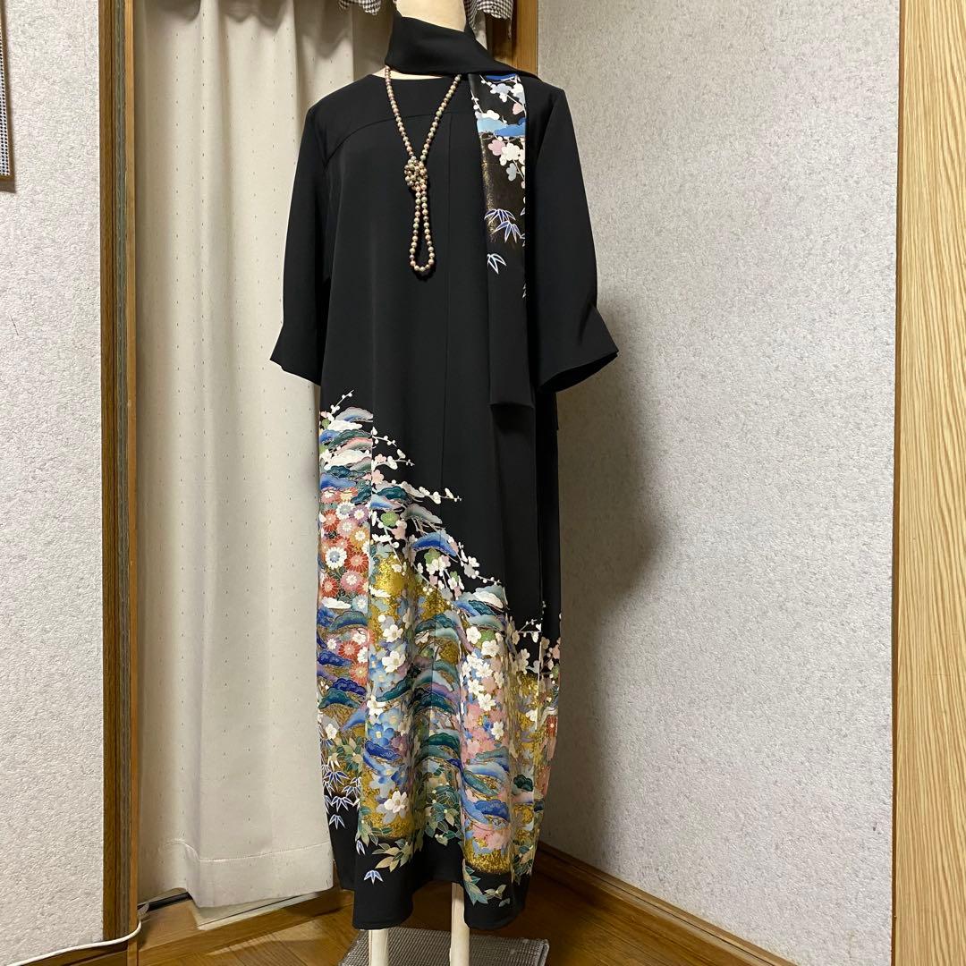 《LL 118cm》黒留袖リメイク 京友禅 七分袖ワンピース