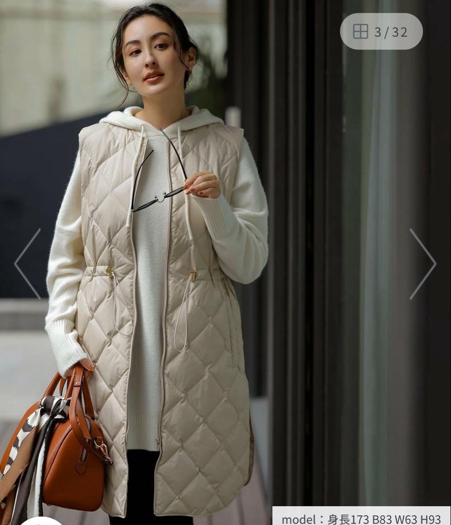 美品【TAION×UNFILO 】キルティングダウン ジレ ロングベストベージュ