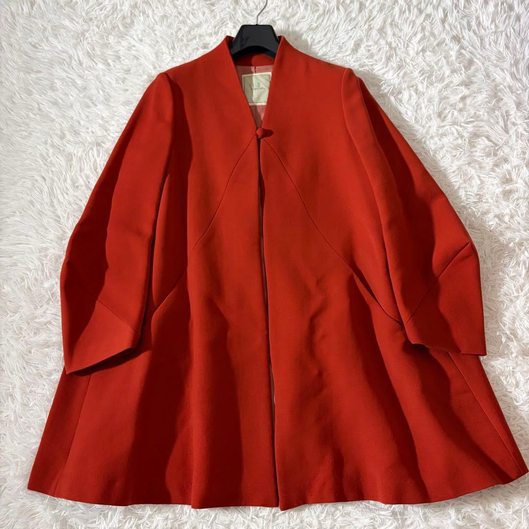 美品 シビラ ノーカラーコート 袖変形 フレア くるみボタン オレンジ