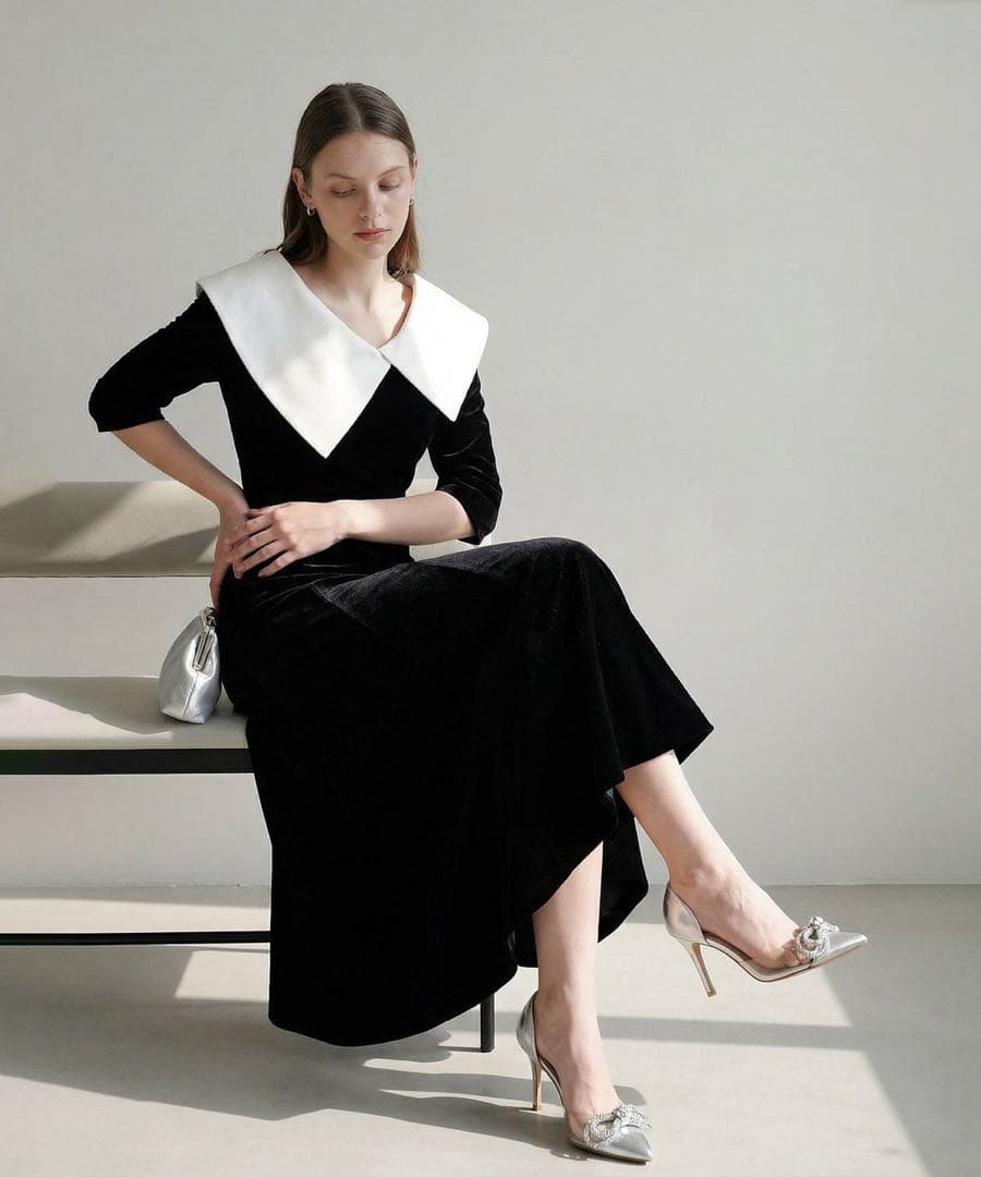 Leja アシンメトリービッグカラーベロアマーメイドワンピースドレス