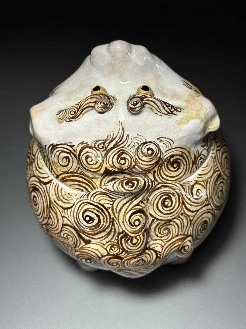 乾山　獅子　香炉　山崎窯　浅野紫仙　作　共箱　黄布　茶道具