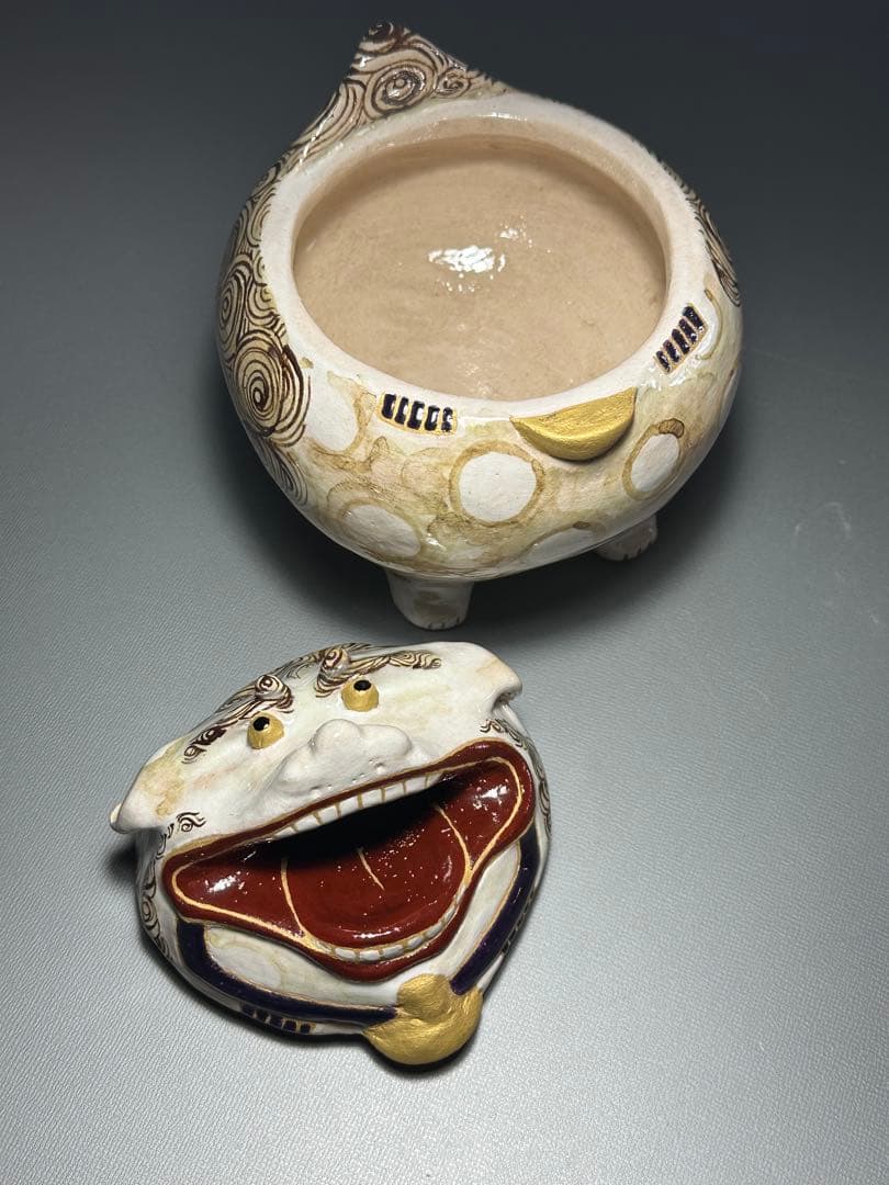 乾山　獅子　香炉　山崎窯　浅野紫仙　作　共箱　黄布　茶道具