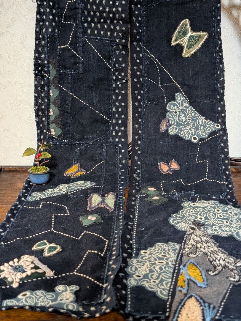 時々lucky♪《刺し子とWolf＆flower》古布藍染　ミナ　長ショール