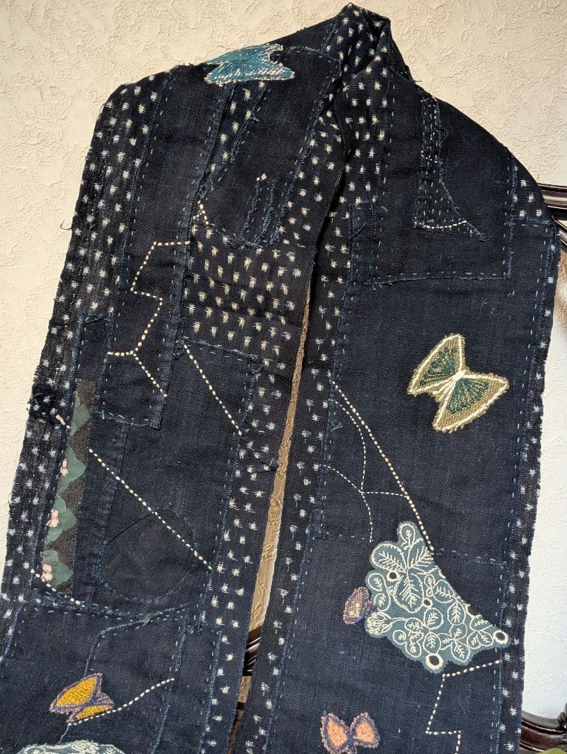 時々lucky♪《刺し子とWolf＆flower》古布藍染　ミナ　長ショール