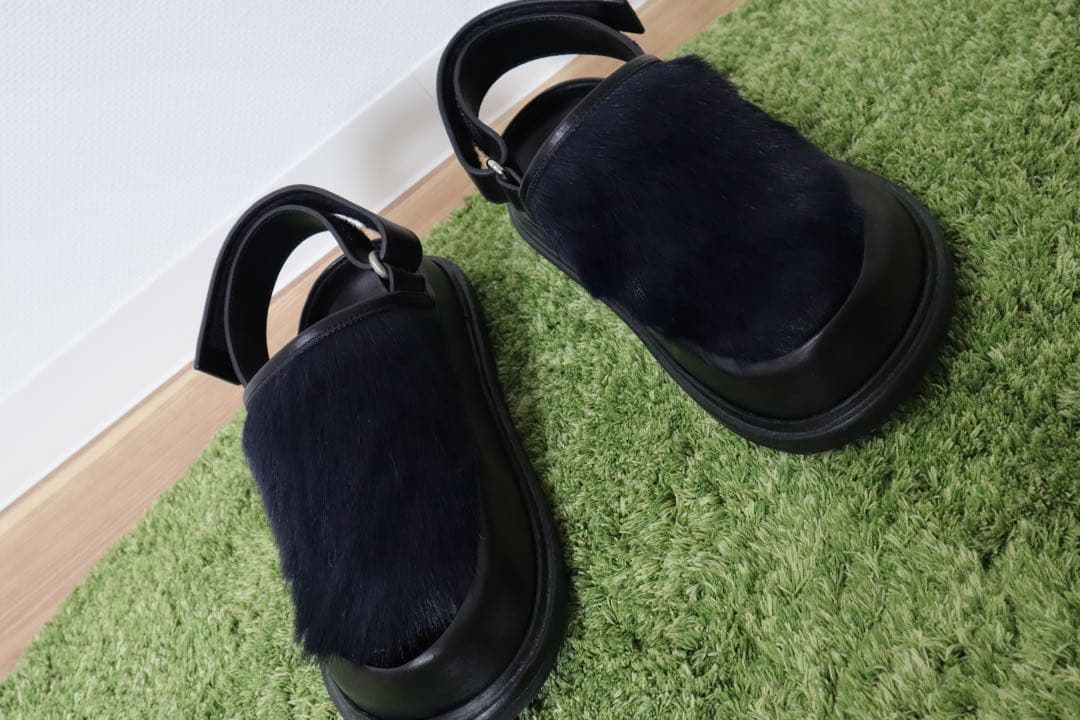 MARNI ファー サンダル フスベット　レザー　マルニ　メンズ　ネイビー