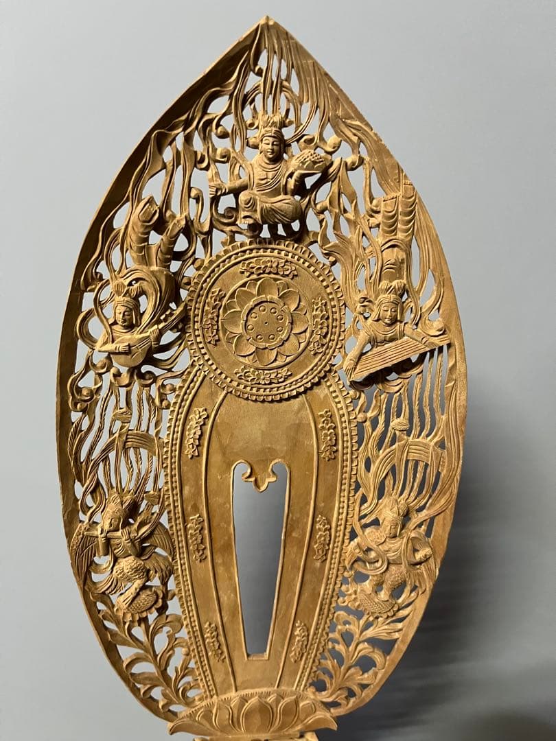 仏像　総白檀　仏像　木彫　舟立阿弥陀　六角台座ケマン付　飛天光背　金泥書　16