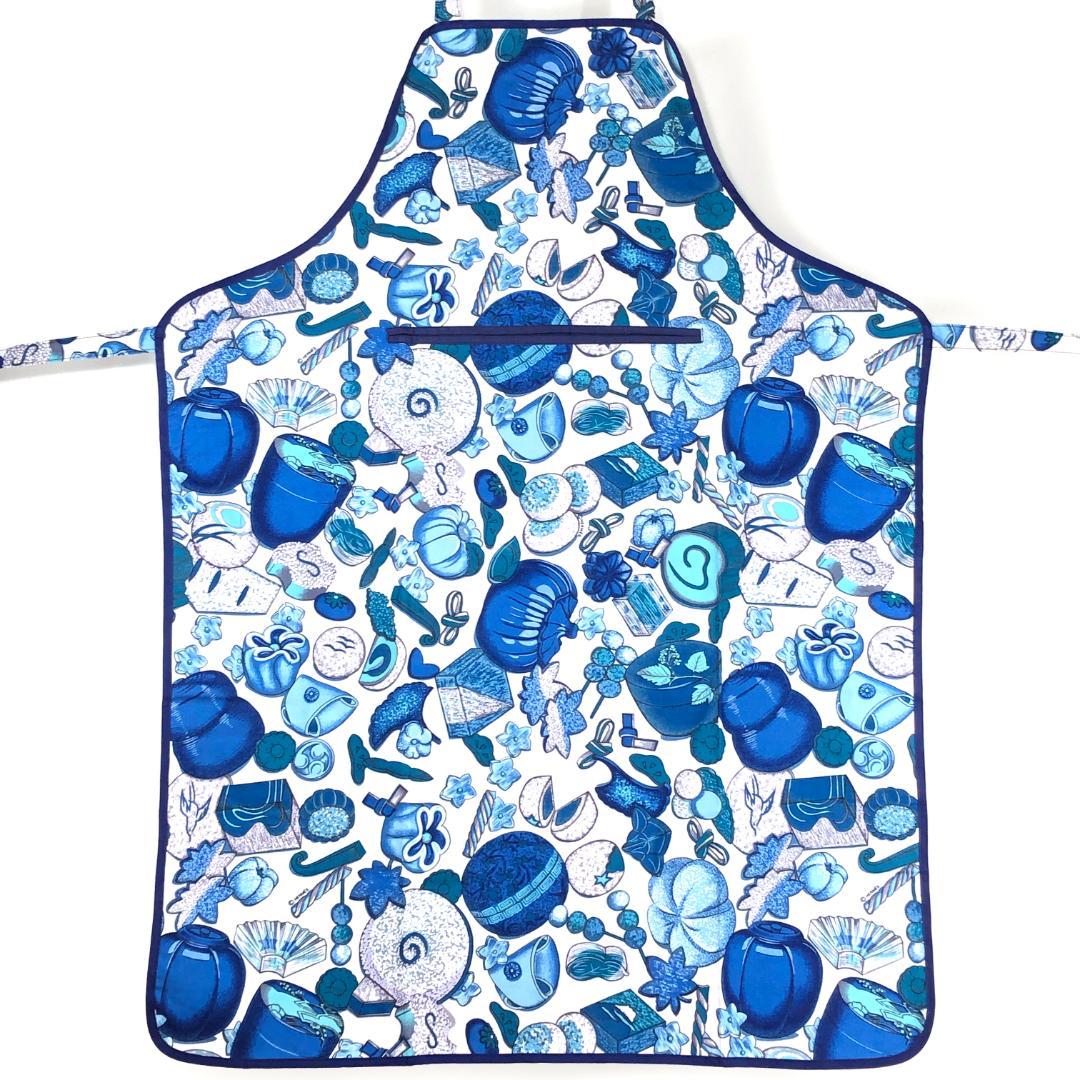 【美品・箱付き】エルメス／調理用エプロン 和洋折衷絵柄／ネイビー