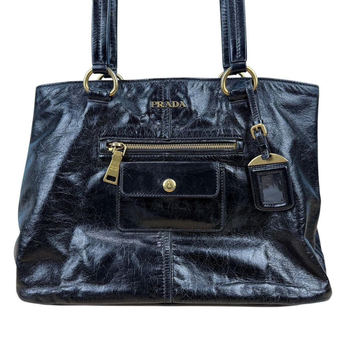 【Gカード付き】PRADA プラダ レザー トートバッグ 黒 ロゴ BR4414