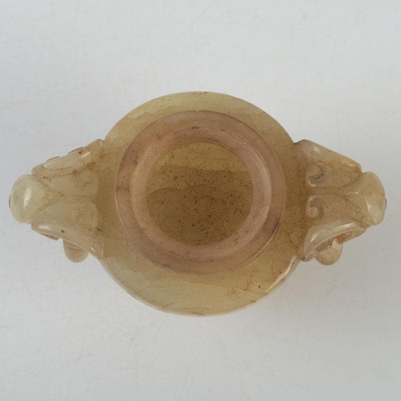 中国　玉石彫刻　獅子摘　双耳遊環　飾壷　香炉　唐木台付　N　8606