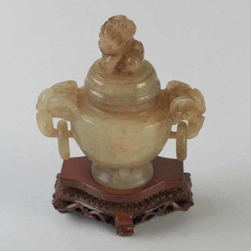 中国　玉石彫刻　獅子摘　双耳遊環　飾壷　香炉　唐木台付　N　8606