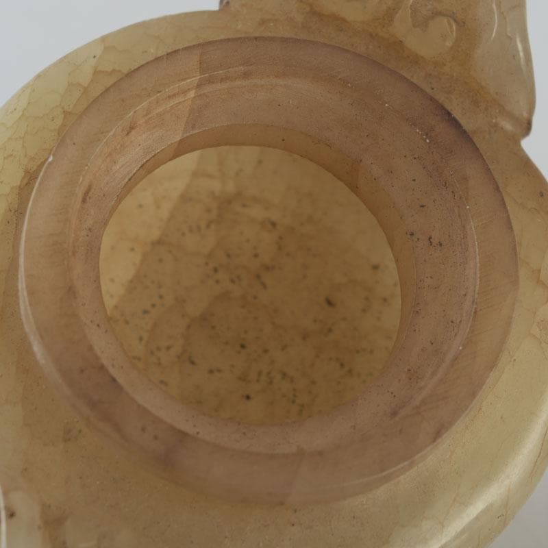 中国　玉石彫刻　獅子摘　双耳遊環　飾壷　香炉　唐木台付　N　8606