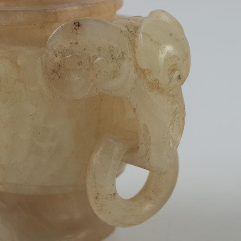 中国　玉石彫刻　獅子摘　双耳遊環　飾壷　香炉　唐木台付　N　8606