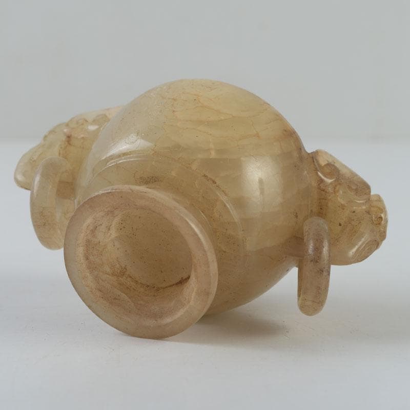 中国　玉石彫刻　獅子摘　双耳遊環　飾壷　香炉　唐木台付　N　8606