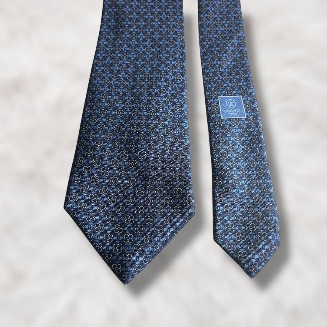 【美品✨】シャネル ココマーク ネイビー 総柄 幾何学 メンズ ネクタイ