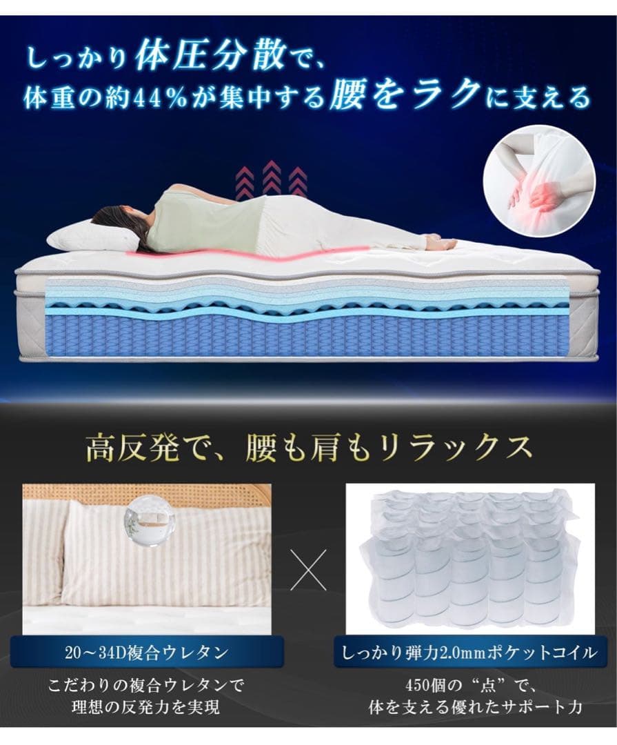 マットレス ダブル 高反発 極厚23cm ポケットコイル 660個 高密度