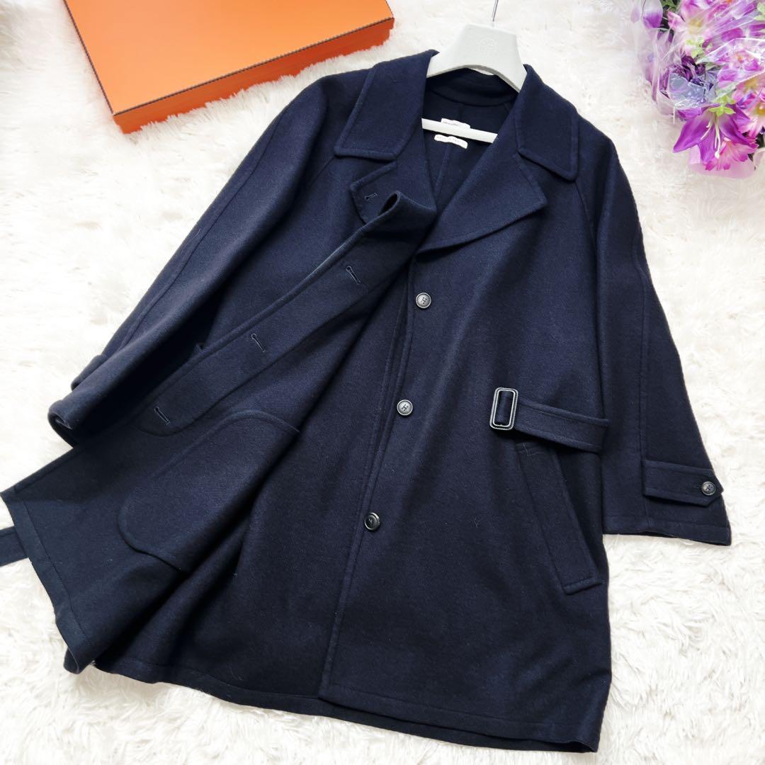 極美品　HERMESエルメス　ネイビー　ベルト　カシミヤ　ダブルフェイス　コート