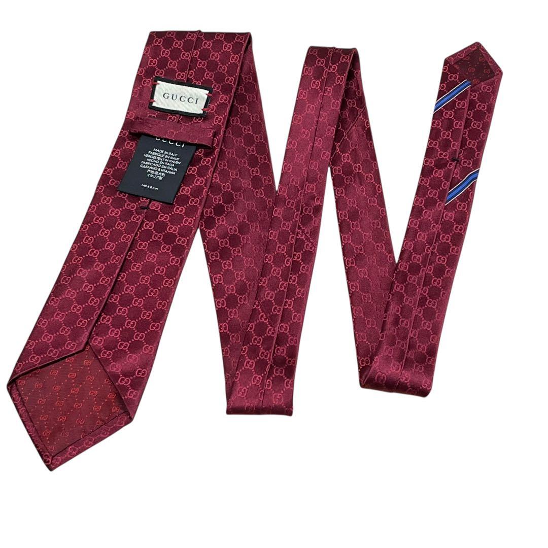 美品　現行　グッチ　ボルドー　GG柄　ダブルG　モノグラム　ネクタイ
