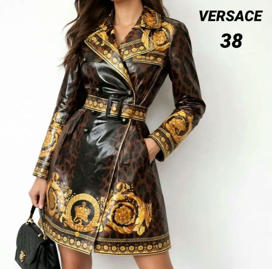 38★VERSACE バロック×レオパード ベルト付 トレンチコートレインコート