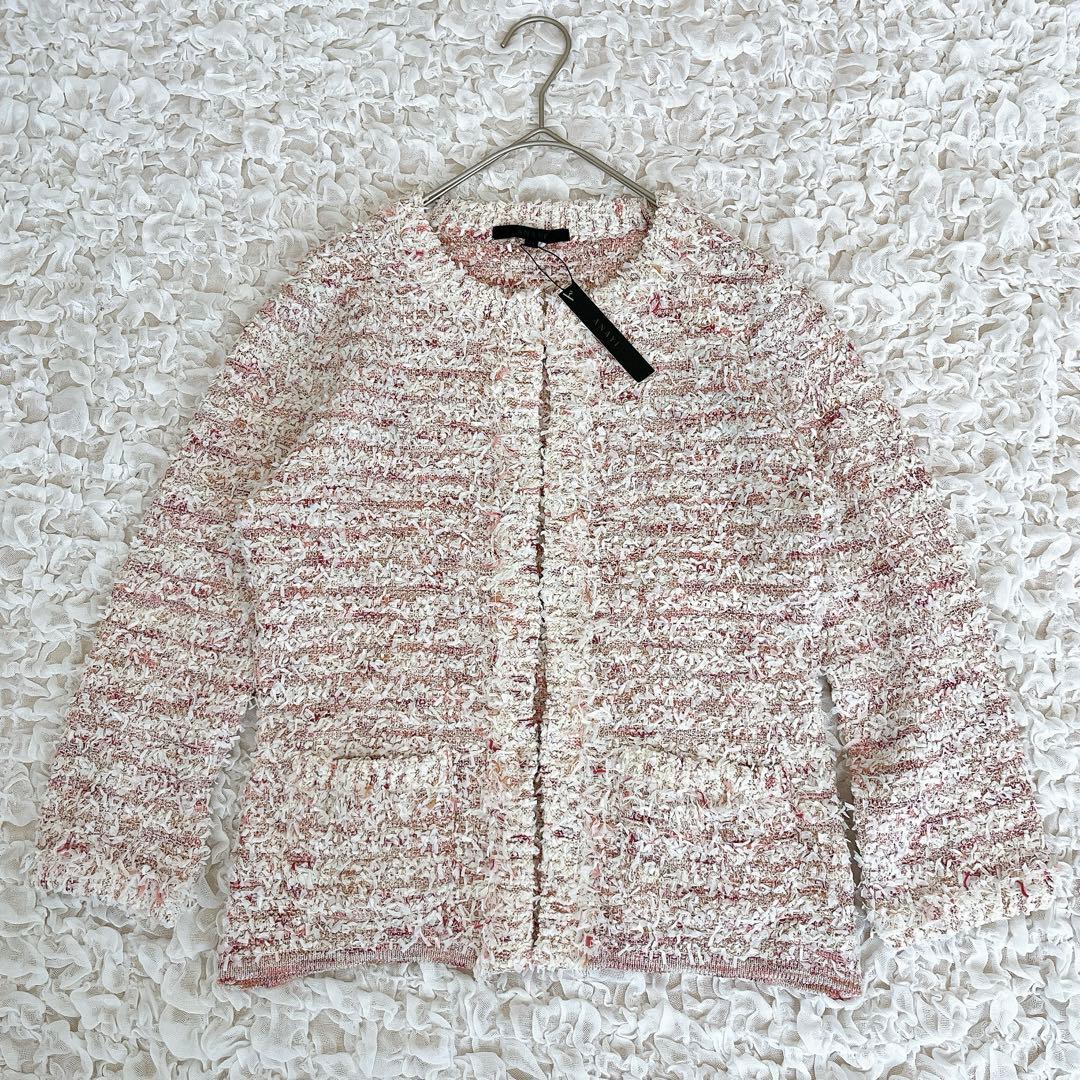 未使用タグ付 ANAYI アナイ ノーカラー ツイード ジャケット 38 ピンク