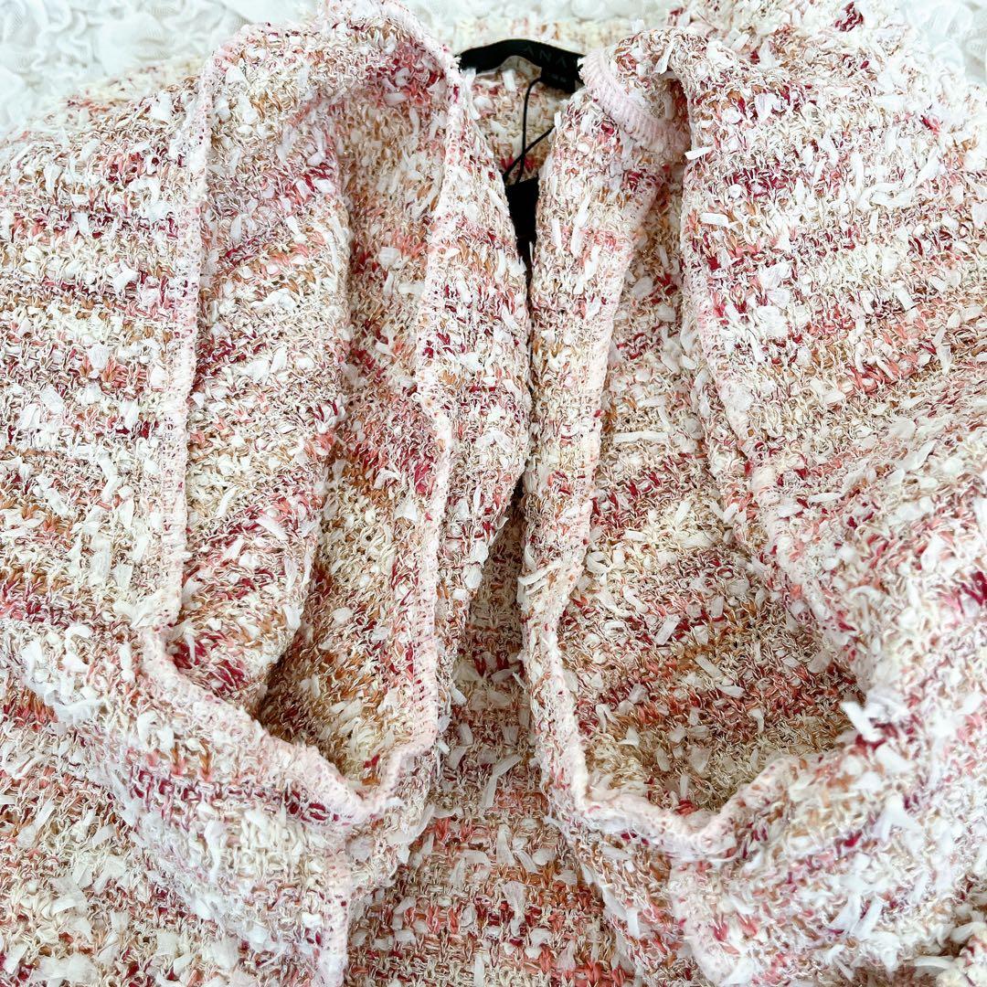 未使用タグ付 ANAYI アナイ ノーカラー ツイード ジャケット 38 ピンク