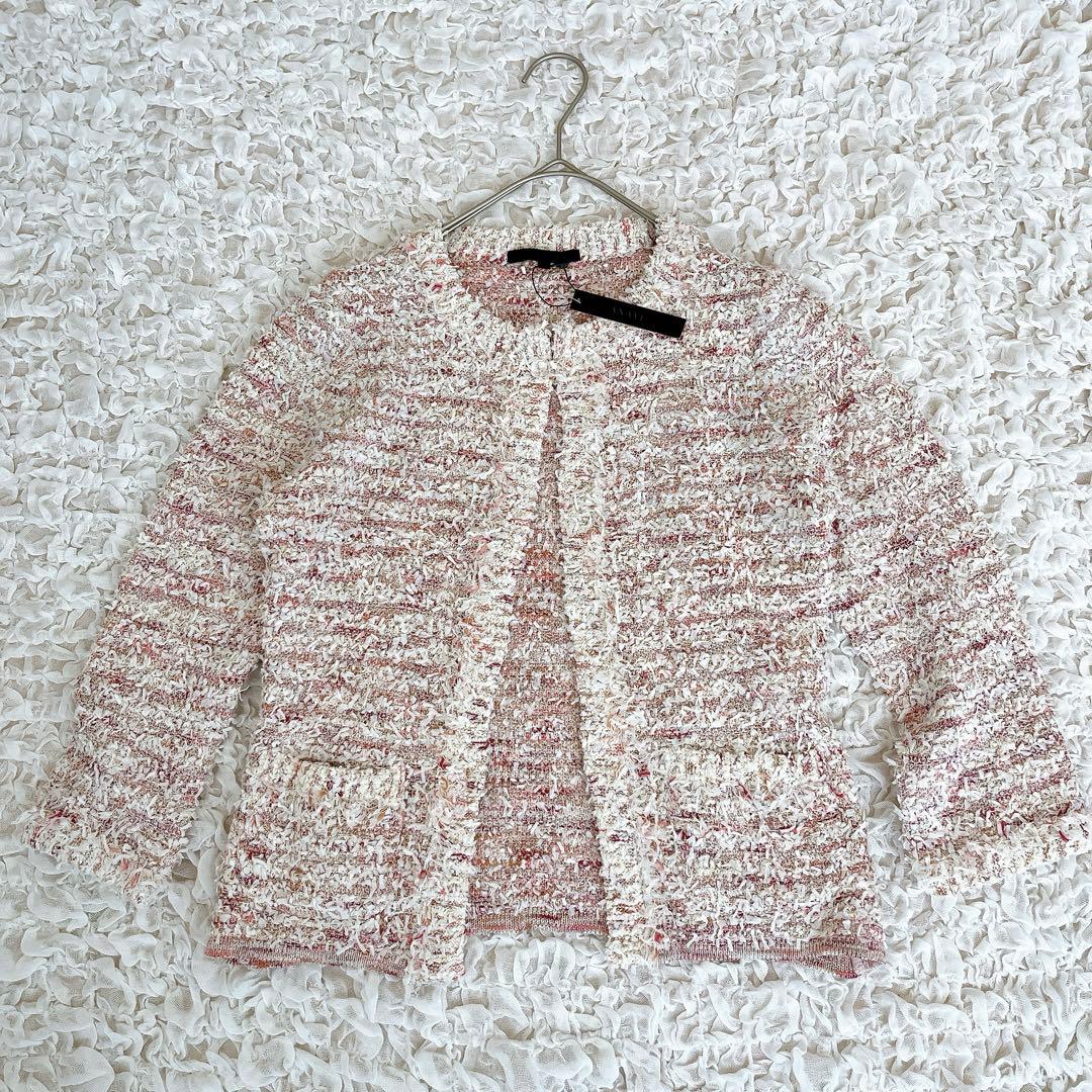 未使用タグ付 ANAYI アナイ ノーカラー ツイード ジャケット 38 ピンク