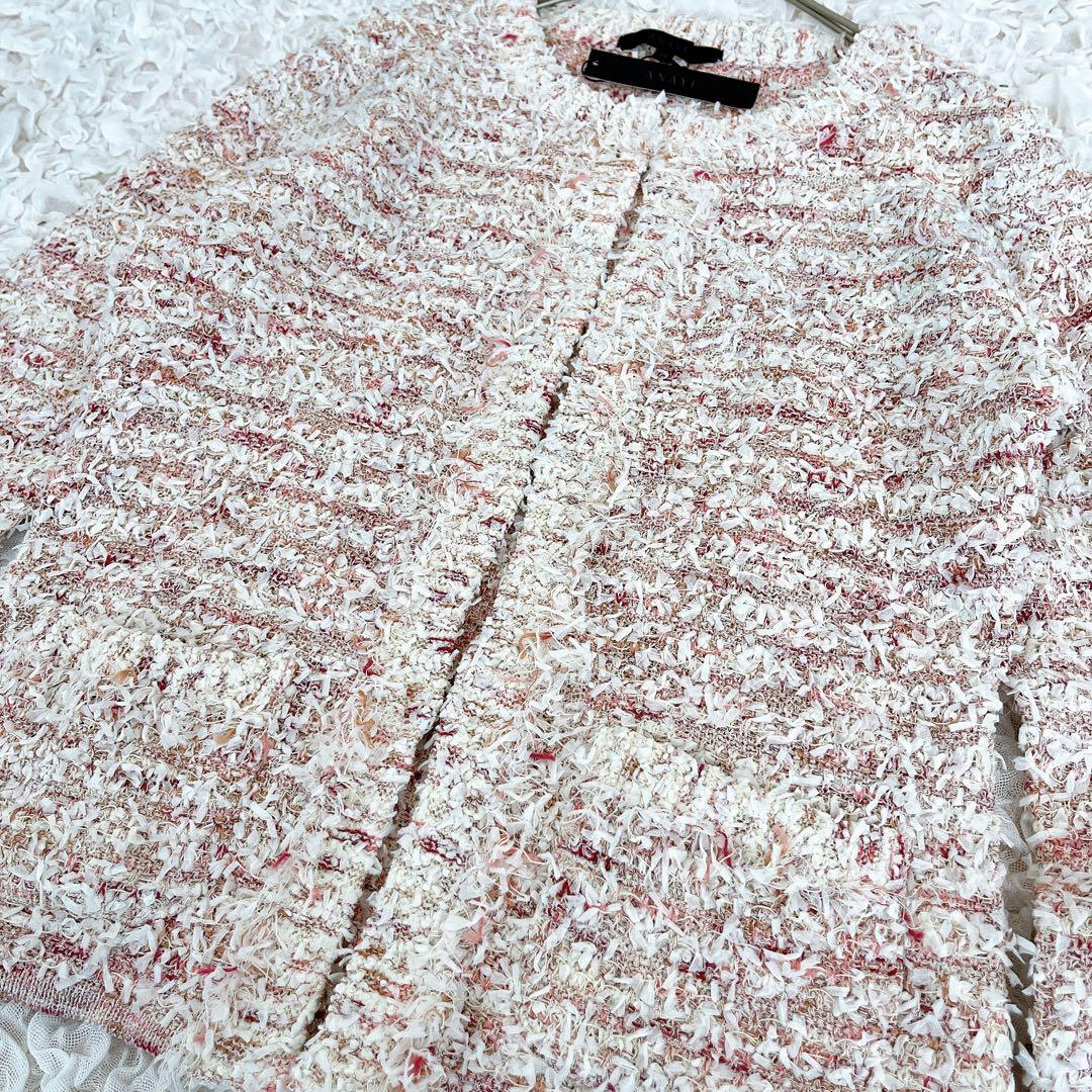 未使用タグ付 ANAYI アナイ ノーカラー ツイード ジャケット 38 ピンク