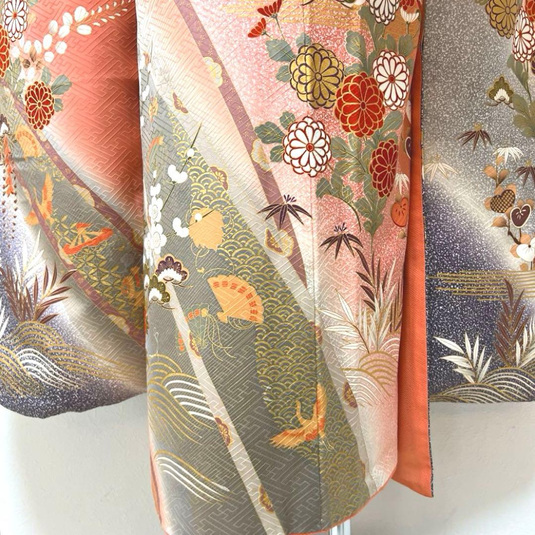 346 振袖フルセット 正絹 サーモンピンク くすみ グレー 金彩 暈し染め 桃