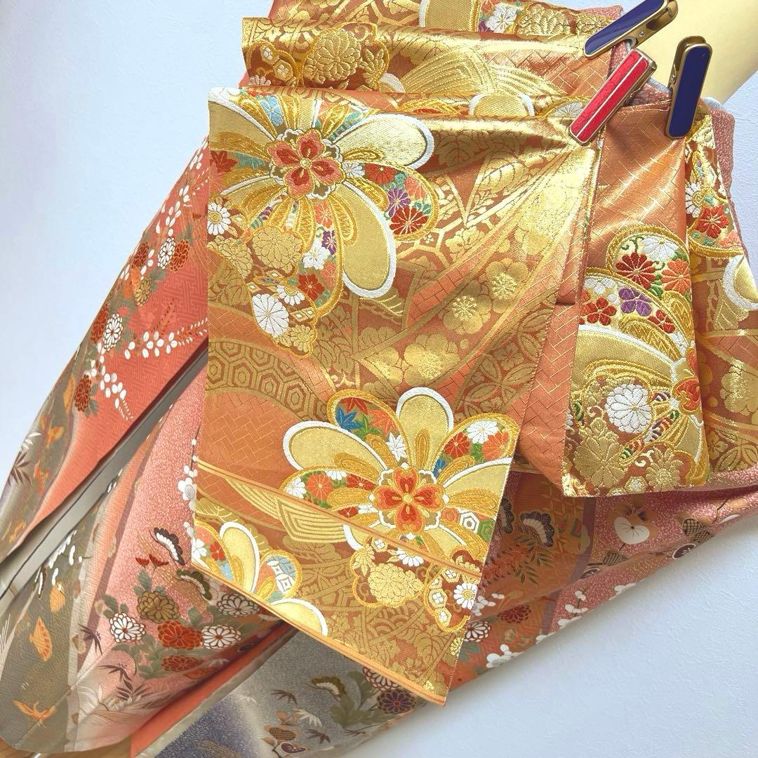 346 振袖フルセット 正絹 サーモンピンク くすみ グレー 金彩 暈し染め 桃