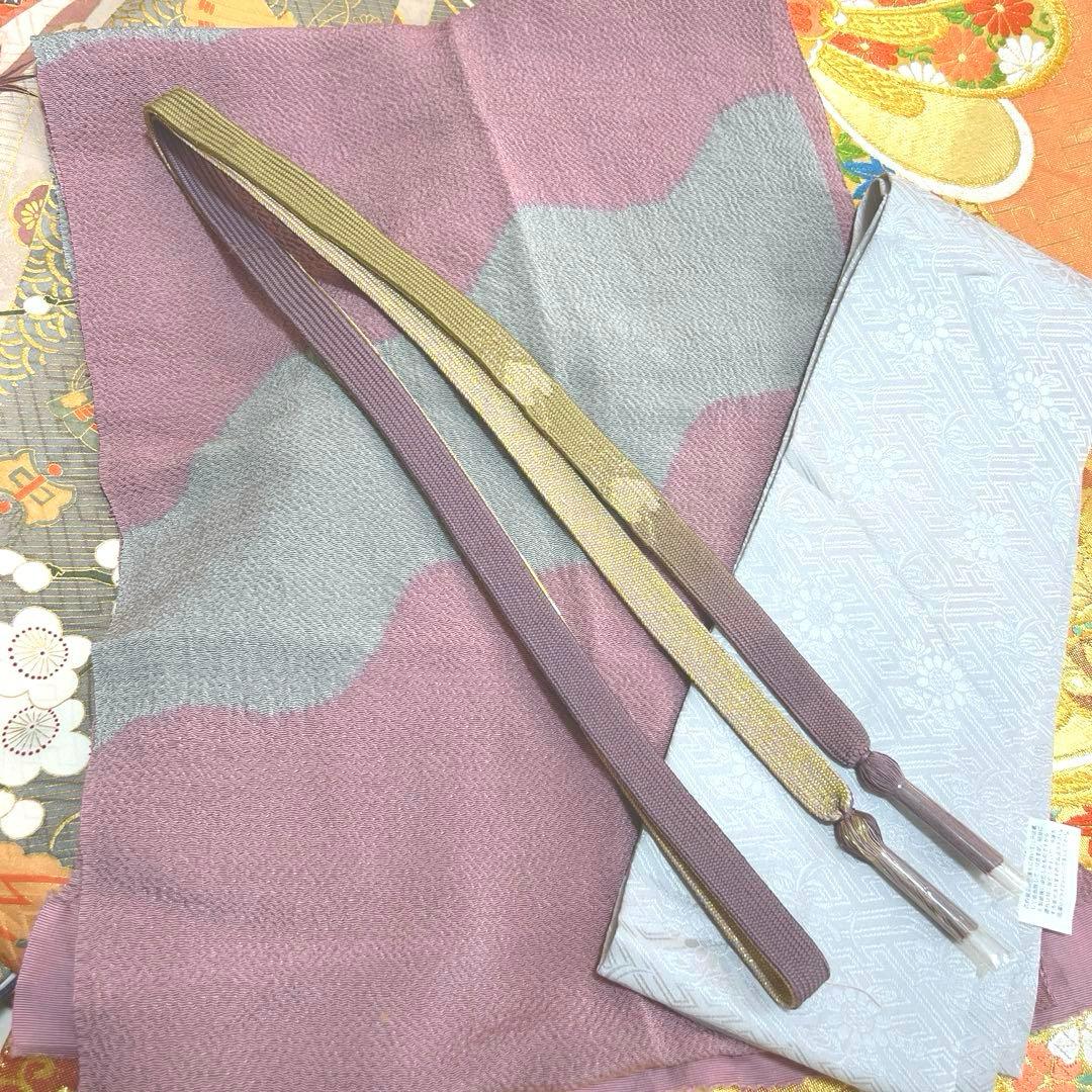 346 振袖フルセット 正絹 サーモンピンク くすみ グレー 金彩 暈し染め 桃