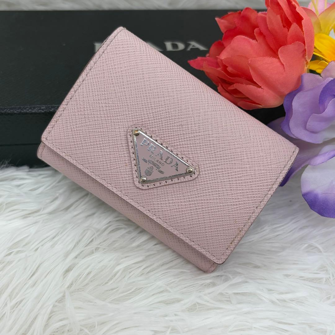 専用✨RFID搭載/美品✨プラダ 三つ折り財布 レザー 三角ロゴ レザー　ピンク